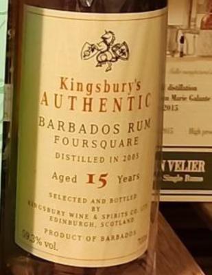 Kingsbury's Authentic 2005 Foursquare Barbados Selected and Bottled by Kingsbury Wine & Spirits 15yo 59.3% 700ml