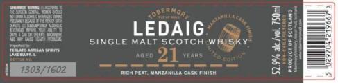 Ledaig 21yo Manzanilla Cask Finish 52.9% 750ml