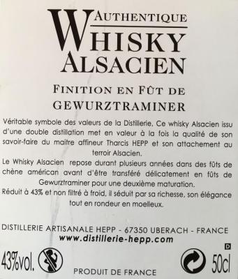 Hepp Whisky Alsacien American oak Finition Marc de Gewurztraminer 43% 500ml