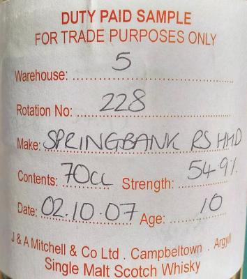 Springbank 2007 Duty Paid Sample For Trade Purposes Only Refill Sherry Hogshead Rotation 228 54.9% 700ml