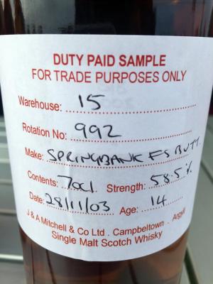 Springbank 2003 Duty Paid Sample For Trade Purposes Only Fresh Sherry Butt Rotation 992 58.5% 700ml