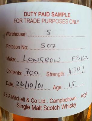 Longrow 2001 Duty Paid Sample For Trade Purposes Only Fresh Bourbon Barrel Rotation 507 47.9% 700ml