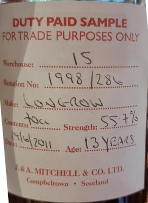 Longrow 1998 Duty Paid Sample For Trade Purposes Only Fresh Port 55.7% 700ml