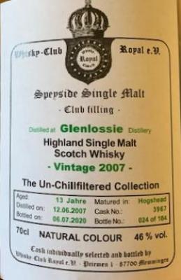 Glenlossie 2007 WCR see note by RoyalScotsman Club filling Hogshead 3967 46% 700ml