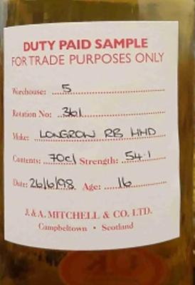 Longrow 1998 Duty Paid Sample For Trade Purposes Only Refill Bourbon Hogshead Rotation 361 54.1% 700ml