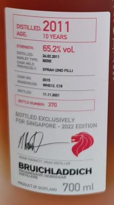 Bruichladdich 2011 Micro Provenance Series Syrah 2nd fill Singapore 2022 Edition 65.2% 700ml