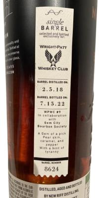 New Riff 2017 Single Barrel Pick #9 Charred White Oak Wright-Patt Whisky Club 53.05% 750ml