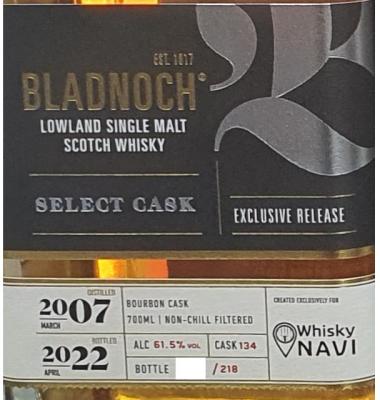 Bladnoch 2007 Select Cask Exclusive Release Bourbon Whisky NAVI 61.5% 700ml