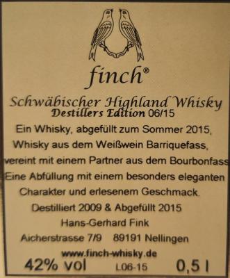 Finch Destillers Edition 09 15 Bourbon & White Wine Barrique 42% 500ml