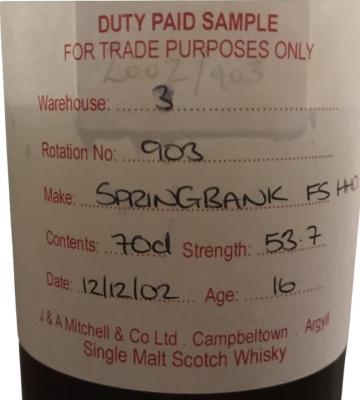 Springbank 2002 Duty Paid Sample For Trade Purposes Only Fresh Sherry Hogshead 53.7% 700ml
