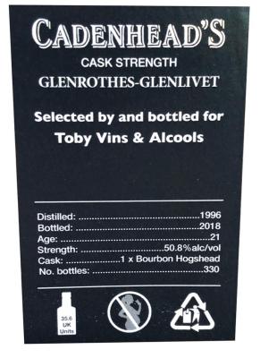 Glenrothes 1996 CA Bourbon Hogshead Toby Vins & Alcools 50.8% 700ml