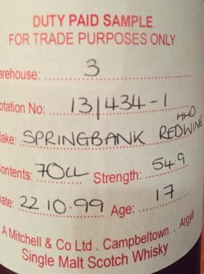 Springbank 1999 Duty Paid Sample For Trade Purposes Only Redwine Hogshead Rotation 13 434-1 54.9% 700ml