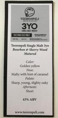 Teerenpeli 3yo Bourbon & Sherry Casks Tasting Use Only 60% 500ml