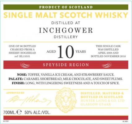 Inchgower 2008 HL Sherry Hogshead 50% 700ml