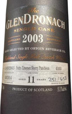 Glendronach 2003 Pedro Ximenez Sherry Puncheon #4103 Origin Beverage Co 55.3% 750ml