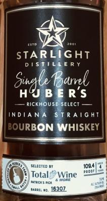Starlight Distillery 4yo Huber's Single Barrel Rickhouse Select American White Oak Total Wine & More 54.7% 750ml