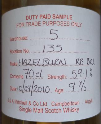Hazelburn 2010 Duty Paid Sample For Trade Purposes Only Refill Bourbon Barrel Rotation 135 Cage bottles 59.1% 700ml
