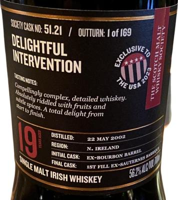 Bushmills 2002 SMWS 51.21 Delightful Intervention Ex-Bourbon Finish Ex-Sauternes Barrique St. Patrick's Day 2023 USA Exclusive 56.2% 700ml