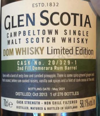 Glen Scotia 2013 2nd fill Demerara Rum Barrel 20/329-1 Dom Whisky 58.1% 700ml
