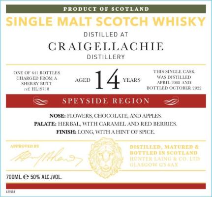 Craigellachie 2008 HL The Old Malt Cask Sherry Butt 50% 700ml