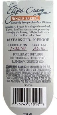 Elijah Craig 1991 Single Barrel New Charred Oak 3616 The Premier Group 45% 750ml