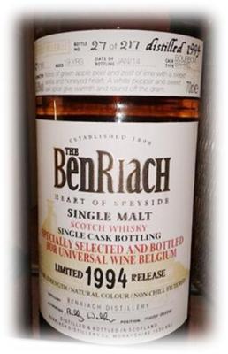 BenRiach 1994 Single Cask Bottling Bourbon Barrel 41166 Universal Wines Belgium 53.8% 700ml