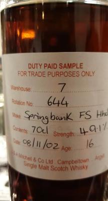 Springbank 2002 Duty Paid Sample For Trade Purposes Only Rotation 644 49.1% 700ml