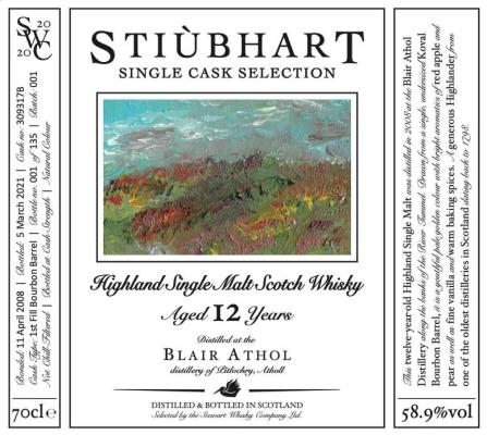 Blair Athol 2008 SWCo Stiubhart 1st Fill Bourbon Barrel 58.9% 700ml