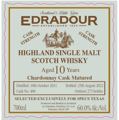 Edradour 2011 Chardonnay Cask Matured Chardonnay Cask Matured Specs Texas exclusively 60% 700ml