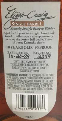 Elijah Craig 1989 Single Barrel New Charred Oak 2279 45% 750ml