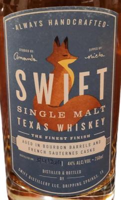 Swift 3yo Single Malt Texas Whisky Four Roses Bourbon Barrels French Sauternes 44% 750ml