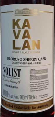 Kavalan Solist Oloroso Sherry Cask Oloroso Sherry Australia 53.2% 700ml