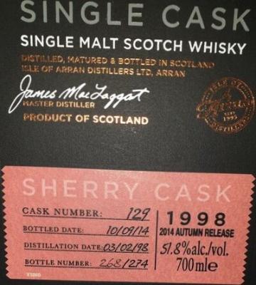 Arran 1998 Single Cask 2014 Autumn Release #129 51.8% 700ml