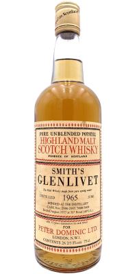 Glenlivet 1965 Smith's Glenlivet Pure unblended Potstill Highland Malt Scotch Oak Wood 2986-93 3600-09 for Peter Dominic Ltd. London 40% 750ml