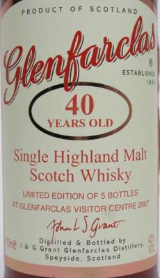 Glenfarclas 40yo Single Highland Malt Scotch Whisky Glenfarclas Visitor Centre 43% 700ml