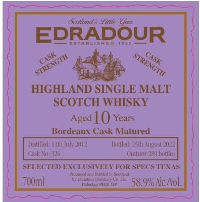 Edradour 2012 Bordeaux Cask Matured Bordeaux Cask Specs Texas exclusively 58.9% 700ml