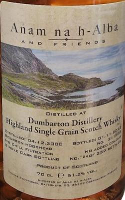 Dumbarton 2000 ANHA Anam na h-Alba and Friends Bourbon Hogshead 51.2% 700ml