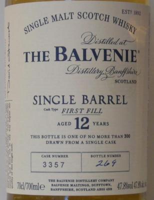Balvenie 12yo 1st Fill Ex-Bourbon Barrel #3357 47.8% 700ml