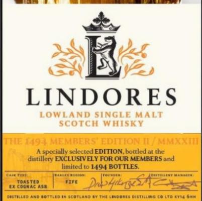 Lindores Abbey 1494 Members Edition Toasted Ex-Cognac ASB's 49.4% 700ml