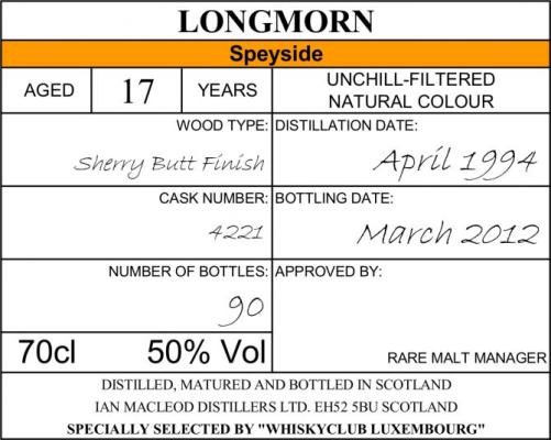 Longmorn 1994 IM Sherry Butt Finish 4221 Whiskyclub Luxembourg 50% 700ml