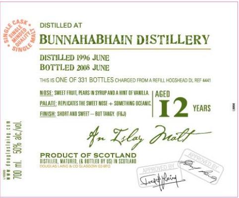 Bunnahabhain 1996 DL Old Malt Cask Refill Hogshead DL 4441 50% 700ml