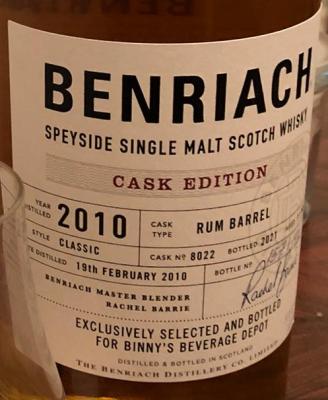 BenRiach 2010 Cask Edition Rum Barrel Binny's Beverage Depot Chicago IL 54.4% 750ml