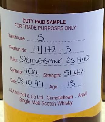 Springbank 1999 Duty Paid Sample For Trade Purposes Only Refill Sherry Hogshead Rotation 17 172-3 51.4% 700ml