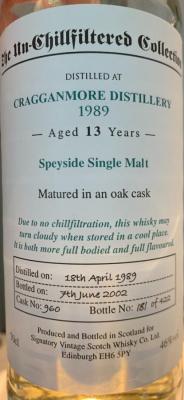 Cragganmore 1989 SV The Un-Chillfiltered Collection Oak Cask 960 46% 700ml