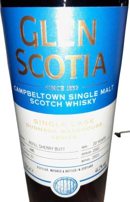 Glen Scotia 2002 Single Cask Dunnage Warhouse Series Refill Sherry Butt 44.2% 700ml