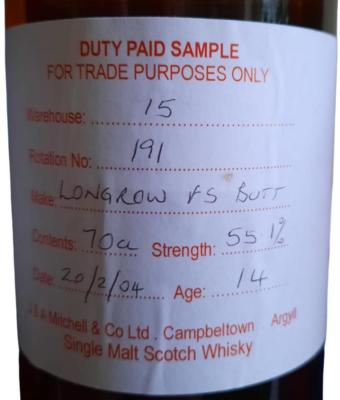 Longrow 2004 Duty Paid Sample For Trade Purposes Only Fresh Sherry Butt 55.1% 700ml