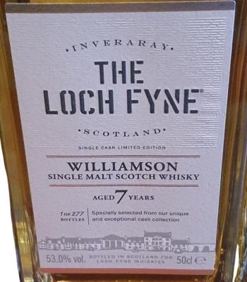 Williamson 7yo LF Single Cask Limited Edition Ex-bourbon 53% 500ml