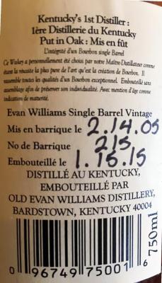 Evan Williams 2005 Single Barrel Vintage 215 43% 750ml