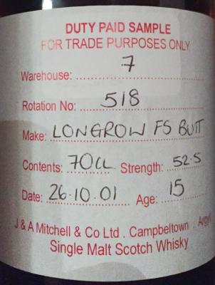 Longrow 2001 Duty Paid Sample For Trade Purposes Only Fresh Sherry Butt Rotation 518 52.5% 700ml