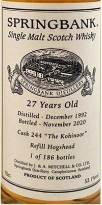 Springbank 1992 Refill Hogshead The Kohinoor 52.1% 700ml